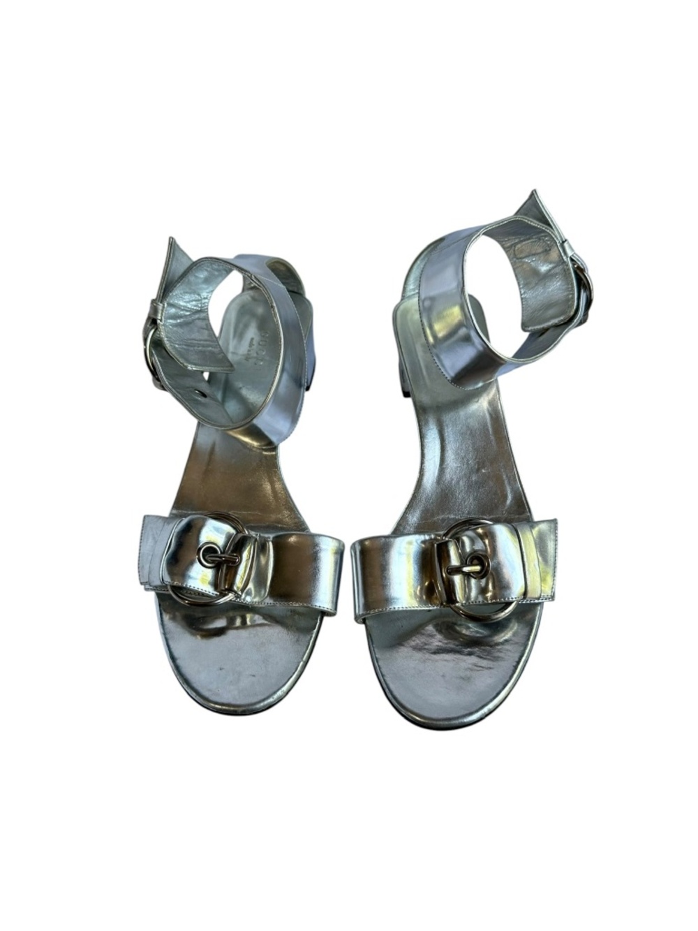 GUCCI Silver Metallic Leather Sandals Buckled Ankle Strap Shoes Sandals 8B